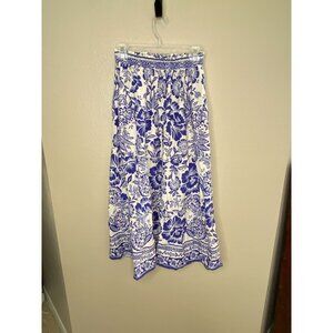 Rachel Zoe Blue & White Floral Print Womens Midi Skirt Elastic Waist Size M